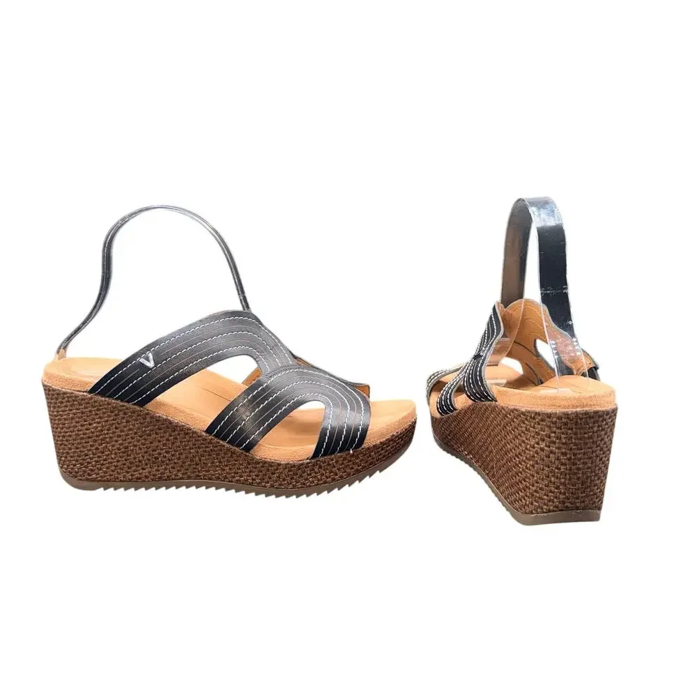 Vionic Women’s Wedge Slide Sandals Black Leather Size 8.5 M Orthotic Comfort